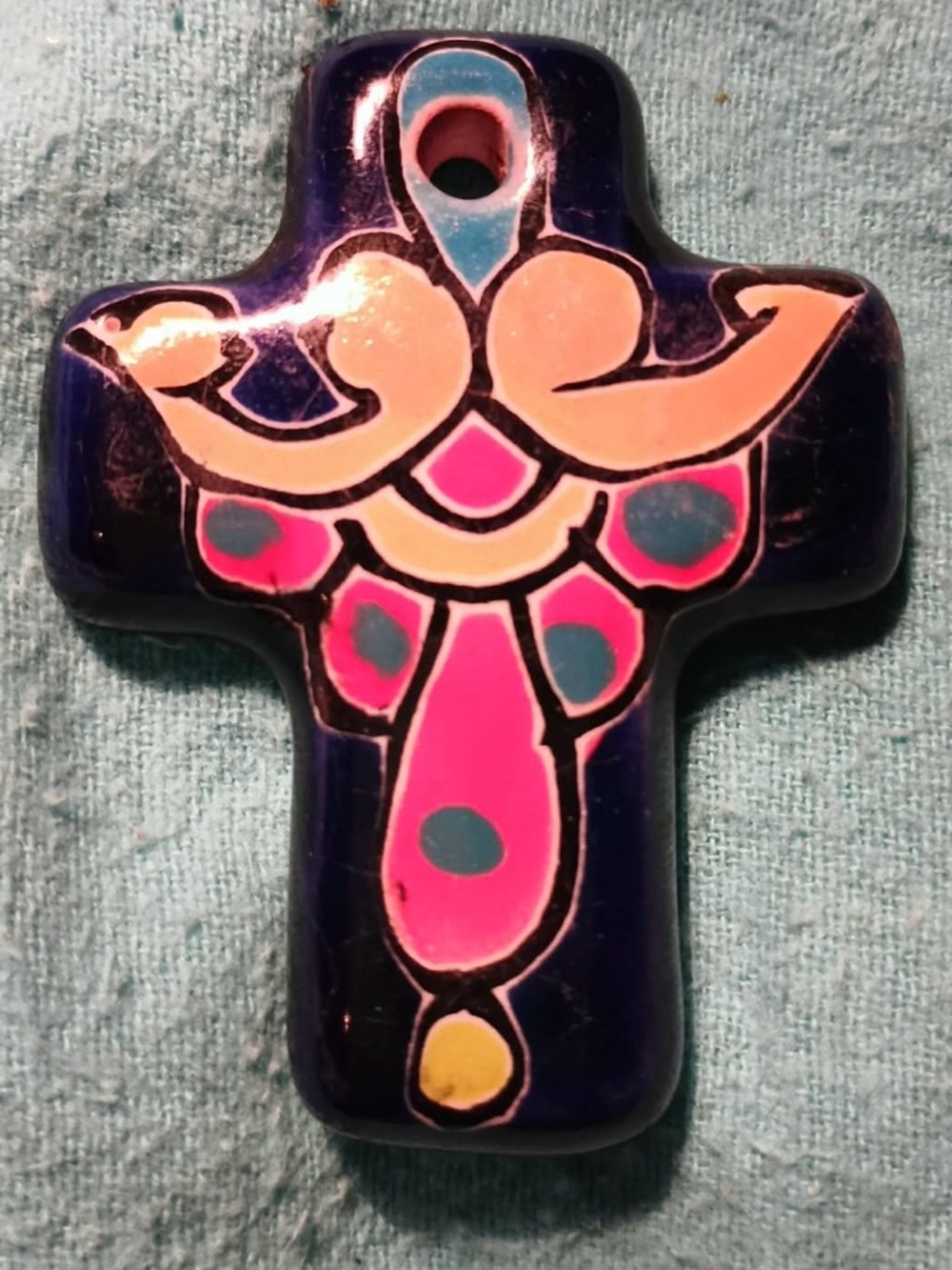 Ceramic Cross Pendant with Bright Pink & Navy Design